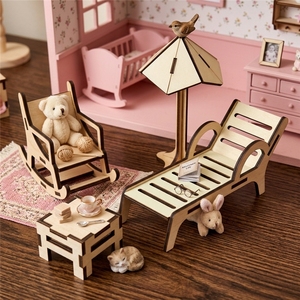 Set di Mobili in Miniatura in <span class=keywords><strong>Legno</strong></span> Naturale per Casa delle Bambole con Sedia a Dondolo, Ombrellone e Tavolino per Scenari in Scala 1:12, Artigianato in <span class=keywords><strong>Legno</strong></span> - Product Image 2