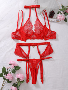 Fashion Embroidery Heart Lingerie <b>Set</b> <b>Sexy</b> Lace See-Through Three-Piece Buckle Leg Strap Bra <b>Set</b> - Product Image 3