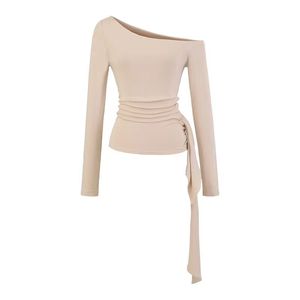 T-shirt décontracté en coton respirant à manches longues pour adulte, avec épaules asymétriques et taille cintrée, design élégant, teinture unie - Product Image 2
