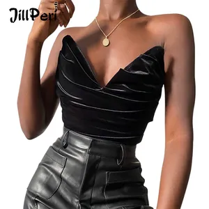 Nillperi Korset Crop Tanpa Tali Wanita, Atasan Seksi Bustier Leher V Terbungkus Beludru Hitam Hitam