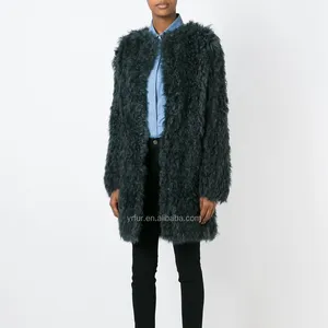YR146A Hot Sale Long line Hand Knit Overcoat Real Curly Sheepskin Lamb Fur Hand Knit Fur Coat