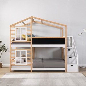 <b>Wooden</b> House-Style <b>Bunk</b> <b>Bed</b> With Stairs And Storage For Kids Bedroom Wheat-Colored Framework Structure - Product Image 2