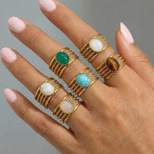 แหวนปรับขนาดได้รูปไข่ประดับด้วยหินไทเกอร์อายธรรมชาติ 5 สี แหวนสแตนเลสทรงเรขาคณิตทันสมัย - Product Image 2