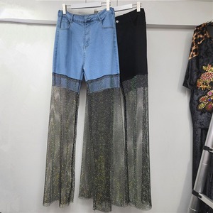 2026 En gros Automne Jean pour femme Streetwear Taille haute Jambe large en denim patchwork résille orné de <span class=keywords><strong>strass</strong></span> Unique - Product Image 1