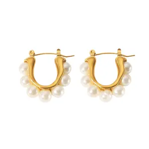 Stainless Steel Elegant Pearl Hoop Earrings 18K Gold Plated U-shaped Pearl Earring High Quality Jewelry Accessories