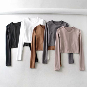 Maglietta Cropped personalizzata a manica lunga da donna in cotone Spandex tshirt Crop Girl stampa semplice camicia Crop Top da donna bianca - Product Image 2