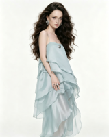 Robe de soirée longue bleu glace Nicecover, style luxe léger, bretelles fines, dos nu, ourlet à volants irréguliers, idéale pour les banquets et les fêtes – Nouvelle collection très prisée