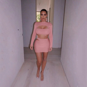 Women's Two Piece <b>Set</b> Pink Hollow <b>Knitted</b> Long Sleeve Top And Mini Skirt Casual Outfit - Product Image 2