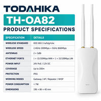 Point d'accès WiFi extérieur longue portée TODAHIKA TH-OA82 AC1200 double bande, couverture jusqu'à 200 m, protection IP65 du fabricant