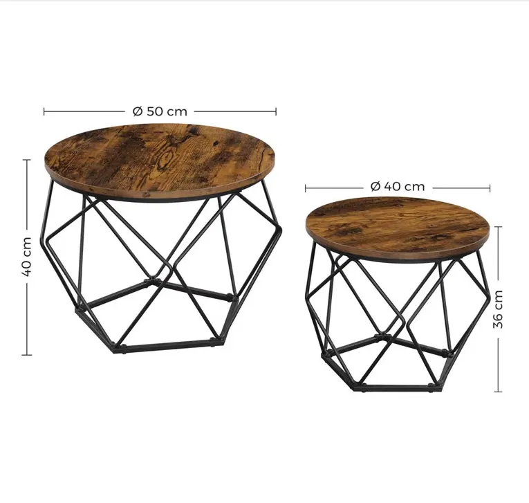 Wood and metal Antique Set/2 End Table for Living Room Side Tables With Metal Frame Round 2 PC Coffee Table Set of 2
