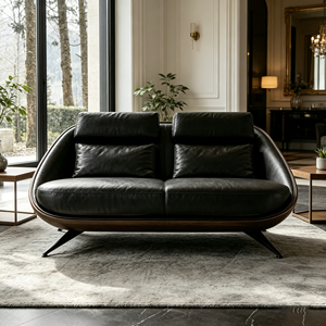 Divano Vintage con Dettagli in Legno Caldo e Contrasto in Pelle Nera per Interni Mid-Century e Moderni - Product Image 6