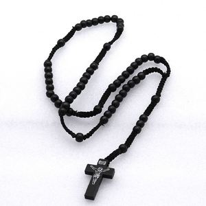 Rosario Católico Hecho a Mano con Cuentas de Madera Natural, Collar con Cruz y Colgante de Jesús, Joyería Religiosa, Venta al por Mayor - Product Image 4