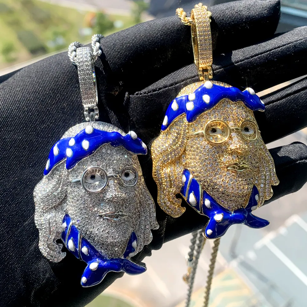 Hadiah natal Hip Hop liontin wajah Benjamin kalung biru Enamel mikro Pave 5A CZ kubik zirkonia pria laki-laki perhiasan Rock