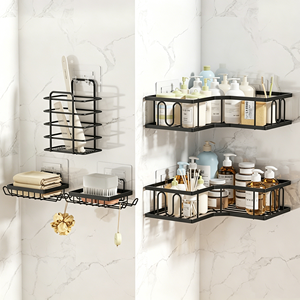 Soporte de almacenamiento adhesivo para <span class=keywords><strong>baño</strong></span> sin necesidad de taladrar, con ganchos y estantes para organizar artículos de aseo y productos de limpieza - Product Image 3