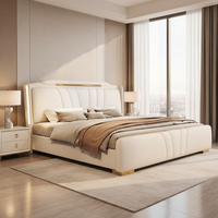 Lit Double Classique Crème Blanc Luxe en Cuir Rembourré Doux avec Rangement et Veilleuse – Meuble Écologique et Durable – Offre Spéciale