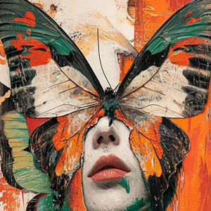 Dipinto Astratto di Donna con Farfalle, <span class=keywords><strong>Arte</strong></span> Murale Surreale Figurativa, Opera d'<span class=keywords><strong>Arte</strong></span> Originale Testurizzata in Arancione e Verde, Ritratto Moderno - Product Image 4