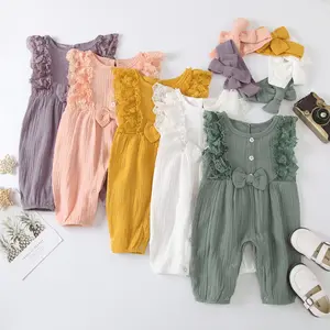 Summer 2022 Fashion Kids Jumpsuit Multicolor Solid Color Lace Button Headband Bow Sleeveless Baby Girls Rompers