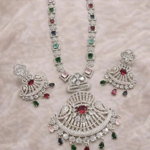 Traditional American Diamond Pendant Set - Classic Silver Plated <b>Necklace</b> <b>and</b> <b>Earrings</b> Jewelry for Women <b>and</b> Girls - Product Image 1