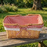 Panier de rangement multifonctionnel portable en osier tressé à la main, design rustique, avec poignée, pour pique-nique, fruits, légumes, collations, avec couvercle, forme rectangulaire