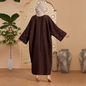 Habib EID poliéster Lino Abaya Color sólido mujeres Kimono Cardigan Abaya Femmes Robe Musulmane Luna bordado abierto Abaya - Product Image 6