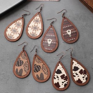Pendientes Colgantes de Piel Sintética con Diseño de Cabeza de Vaca y Cactus Vintage, Hipoalergénicos y Modernos, con Empalme de Madera para Mujer UIONEN 902 - Product Image 1