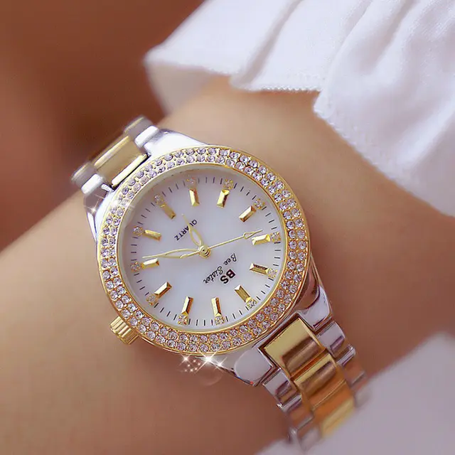 BS Watch 1258 Luxury Crystal Women Dress Watch Fashion Rose Gold Quartz Watches Female Stainless Steel Ladies Wristwatches