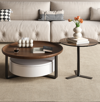 Ensemble de tables basses rondes de luxe modernes et table d'appoint en verre avec plateau en bois de noyer et structure en métal, tables gigognes pour salon