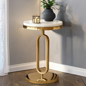 Modern Round Console <b>Table</b> with <b>Marble</b> <b>Top</b> and Brass Pedestal Base for Living Room Furniture - Product Image 4