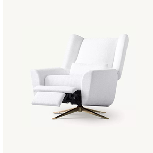 Sillón Reclinable Giratorio Moderno con Respaldo Alto, Tapizado en Lino Blanco, Base de Metal Dorado, Reposapiés Extensible, para Sala de Estar, Lectura o Descanso - Product Image 4