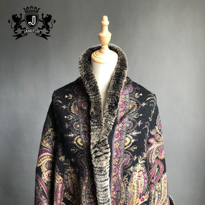 冬の毛皮トリムカシミヤショール本物のレックスウサギの毛皮スカーフとラップ - Product Image 5