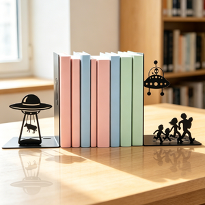 Heavy Duty Metal Bookends <strong>Alien</strong> UFO Art Decor Decorative Bookends for Shelves Unique Gift for Adults Sci-Fi Room Home Decor - Product Image 1