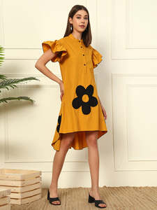 Solid Cotton Floral Print <b>Dress</b> Women's Collared Neck Short Frilled Sleeves Loose Fit High Low Pockets Summer Western Party - Product Image 6