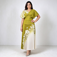 Gaun Kasual Wanita Bahan Woven, Model V-neck Wrap dengan Ikat Samping, Cetakan Bunga Asimetris Warna-Blok, Gaya Islam