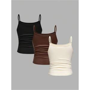 Camisolas de tirantes finos fruncidas personalizadas para mujer, ajustadas, transpirables, de punto, paquete de 3 - Product Image 1