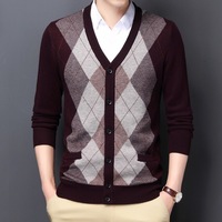 Cardigan en tricot jacquard à col en V pour homme, à boutons, manches longues, deux poches latérales, coupe classique, pour le travail, automne-hiver, pull chaud