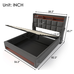 Cama de plataforma tapizada de tamaño completo con sistema de almacenamiento hidráulico, carga LED y USB - Product Image 1