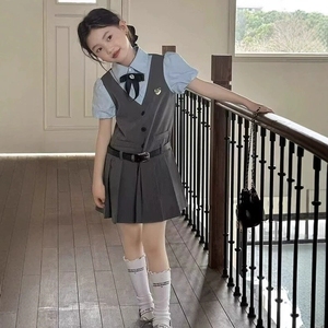 Novo Conjunto de Roupas para Meninas com 2 Peças, Vestido Escolar de Manga Curta Estilo Preppy para Meninas - Product Image 1