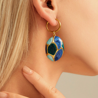 Boucles d'oreilles créoles en acier inoxydable émaillé, motif galet, mosaïque marbre, ovales, pendantes, bijoux pour femme
