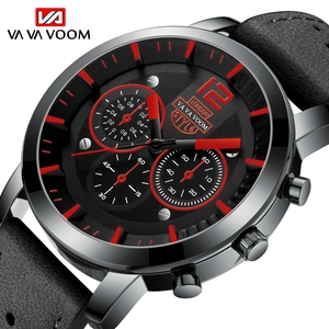 Rugged Mens British Style <b>Watch</b> Chronograph Black <b>Case</b> Perforated Leather Strap Wristwatch - Product Image 5