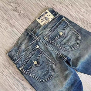 Jeans délavés style américain pour le commerce électronique transfrontalier, coupe droite, taille mi-haute, avec motif <span class=keywords><strong>Bouddha</strong></span> religieux en fil épais blanc - Product Image 1