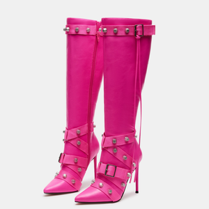 New Trending Silver Side Zipper Women's Knee High <b>Boots</b> Pointed Toe Metal Studded Cross Straps Long Booties Stiletto Heel Denim - Product Image 5