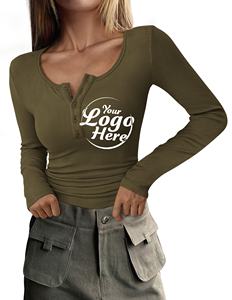 Camisetas de manga larga para mujer, camisetas de manga larga de otoño 2025 para mujer, Camisetas básicas informales ajustadas de punto acanalado con botones, blusa - Product Image 6