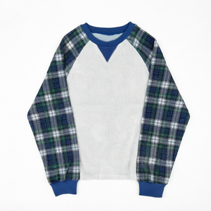 T-shirt à manches longues en coton gaufré bicolore pour homme, style streetwear, patchwork à carreaux - Product Image 1