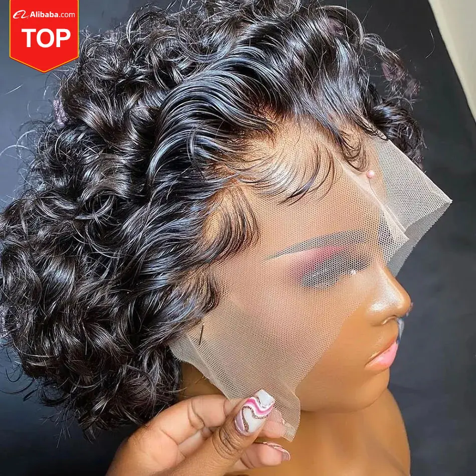 Wig Pixie Curls 13X4 Telah Ditanami dengan Rambut Bayi, Wig Pixie Pendek Brasil, Wig Rambut Manusia Potongan Pixie Frontal Renda Tanpa Lem