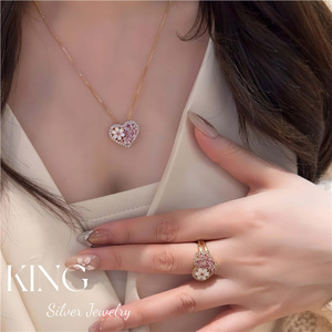 ชุดสร้อยคอและแหวนรูปหัวใจดอกไม้เงินแท้ S925 ประดับคริสตัลไรน์สโตน สำหรับผู้หญิง เครื่องประดับงานแต่งงาน - Product Image 4