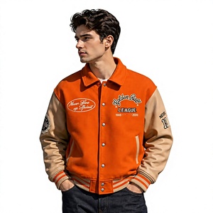 Chaqueta Varsity de Lana Naranja para Hombre con Logotipo Personalizado, Mangas de Cuero Color Bronceado, Letra Bordada, Cuello Camisero, Chaqueta Deportiva de Otoño - Product Image 1
