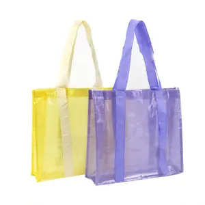 Bolsa escolar dobrável reutilizável transparente para compras, bolsa de livro folgada com logotipo personalizado para uso em casa e em hotel, amarela e roxa