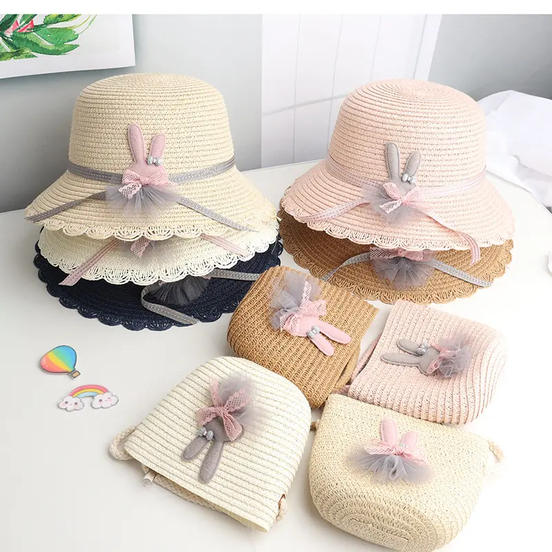 Chapeau de paille d'été pour enfants, chapeaux de paille pliable en herbe naturelle, chapeau de soleil mignon de dessin animé avec sac
