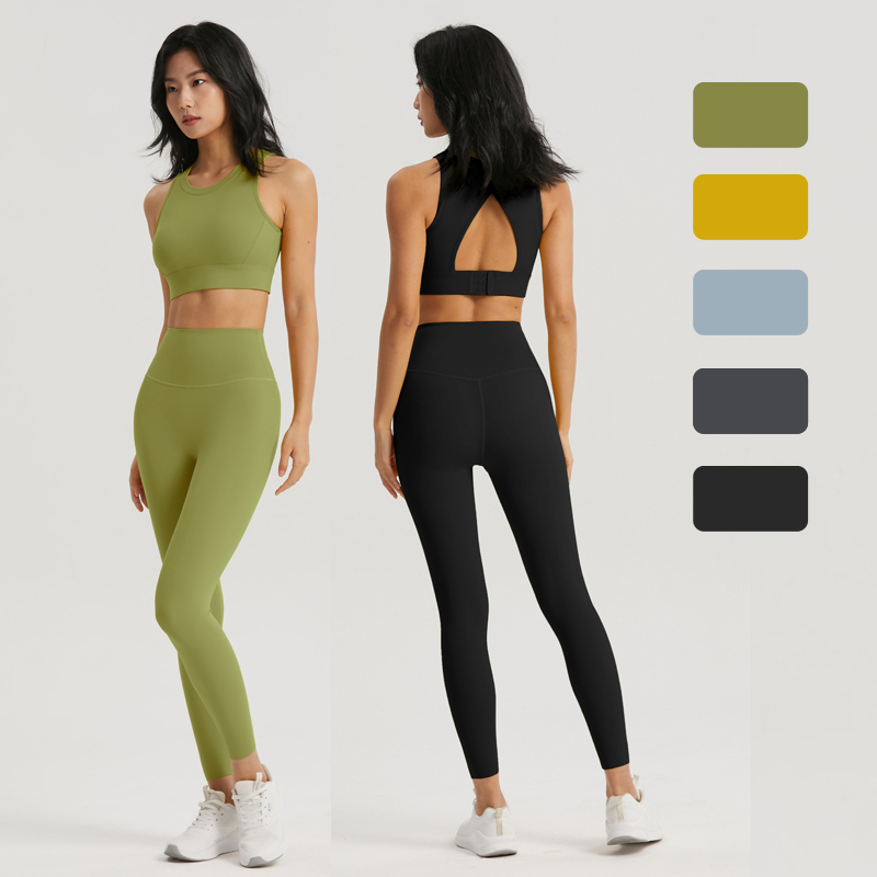 Shockproof Semi-Fixed Bra Top Breathable Anti-curling Tummy Control Double Support Leggings Workout Fitness Yoga Sets