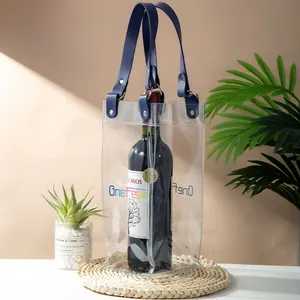 Toptan kullanımlık deri el şarap Tote buz çanta firma desteği şeffaf çanta için şarap şişeleri